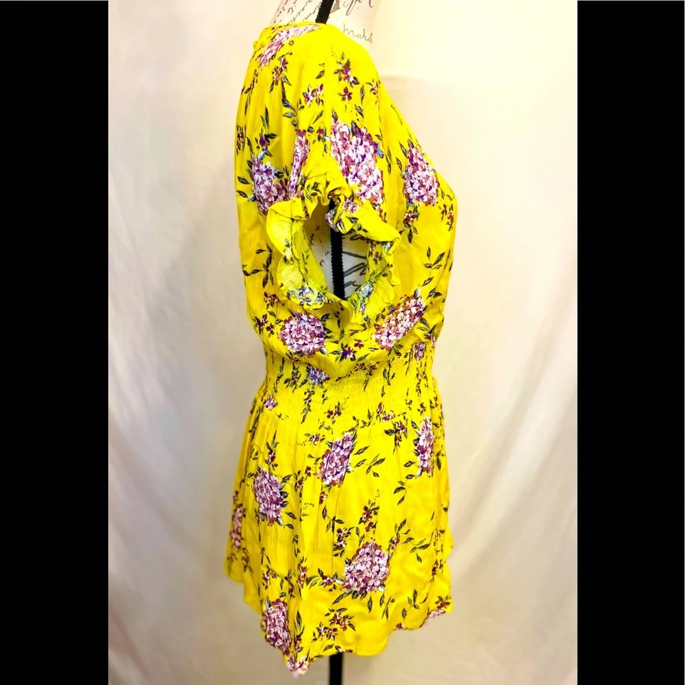 Staccato Yellow Surplice Smocked Waist Floral Print Blouse - Picture 3 of 16